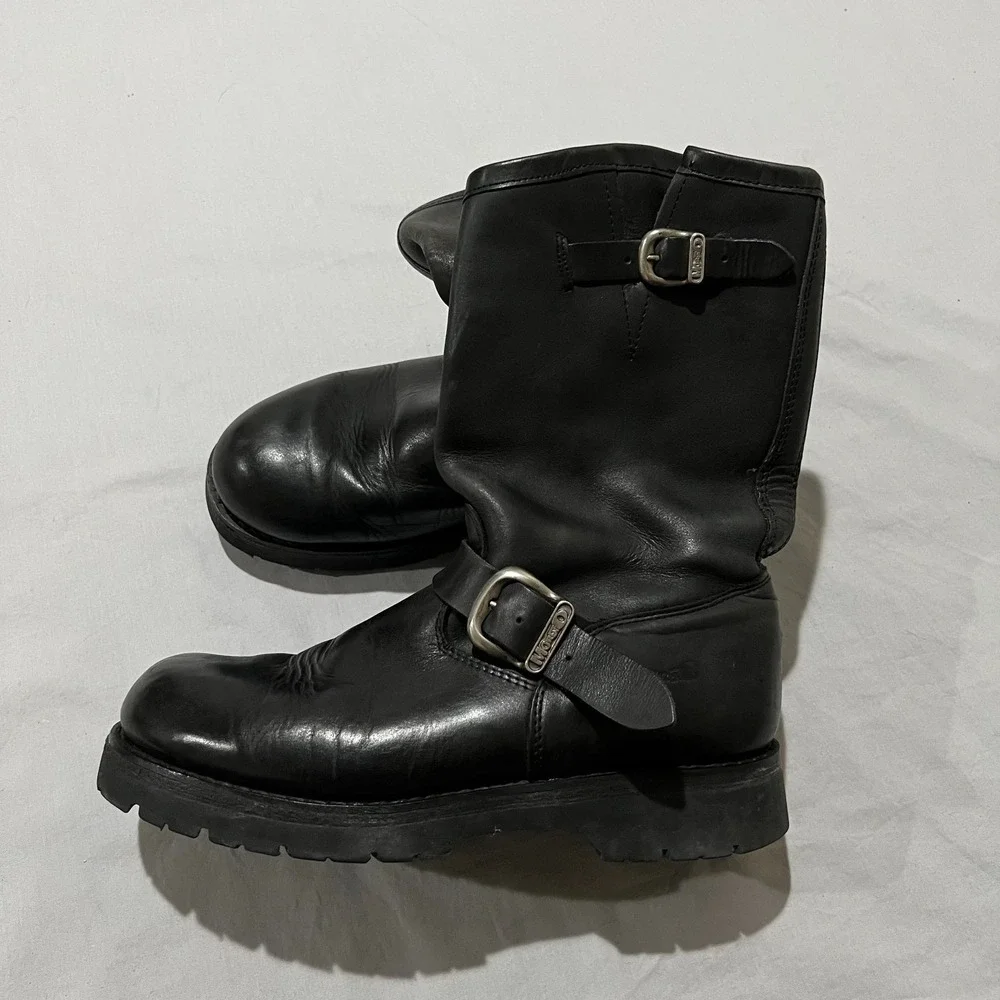 Moreno Mens Black Leather Biker Buckle Mid Calf Pull On Moto Boots Size 9 E